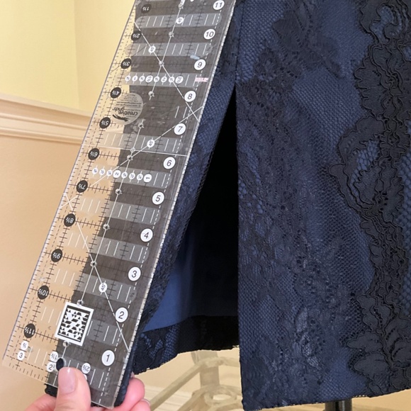 Theia, size 2, navy with black lace overlay, off the shoulder, bell sleeves - Picture 5 of 7